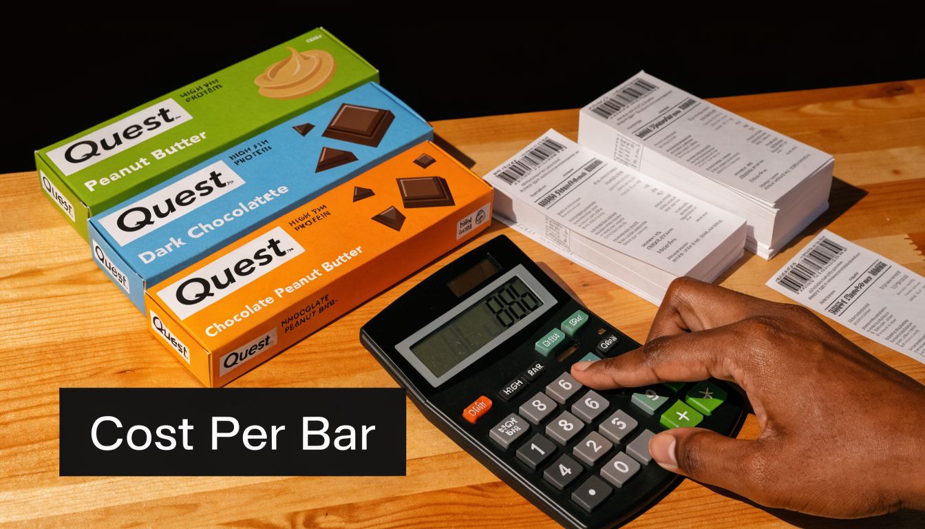 A hand calculates the cost per bar of multiple boxes of Quest protein bars with receipts nearby.