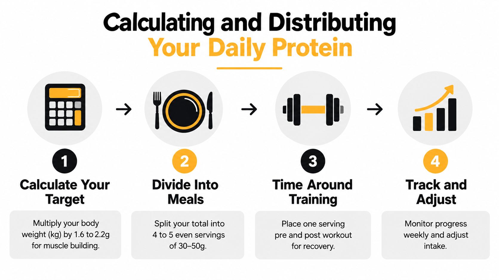 A four-step infographic illustrating how to calculate and distribute daily protein intake for effective muscle building.