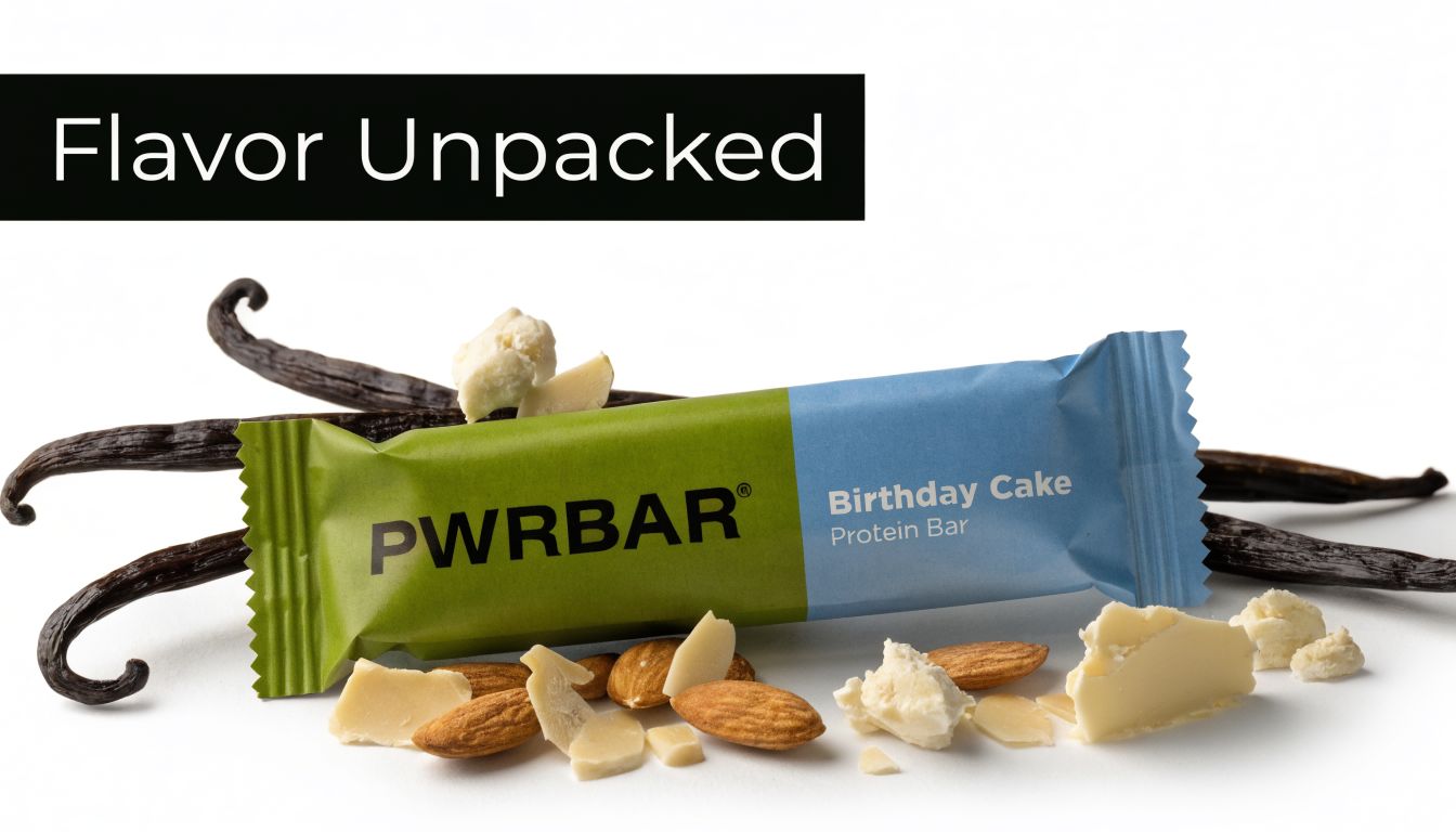 A PWRBAR brand birthday cake flavored protein bar surrounded by vanilla beans, almonds, and white chocolate pieces.