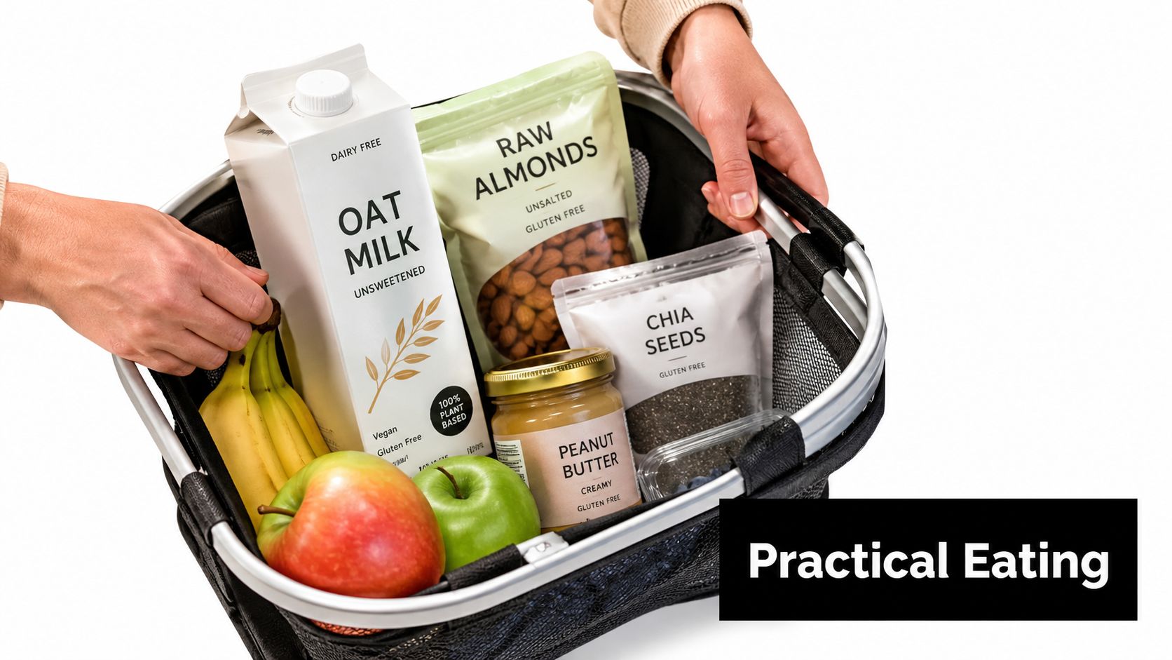 A person placing healthy food items including oat milk, almonds, chia seeds, and fruit into a shopping basket.