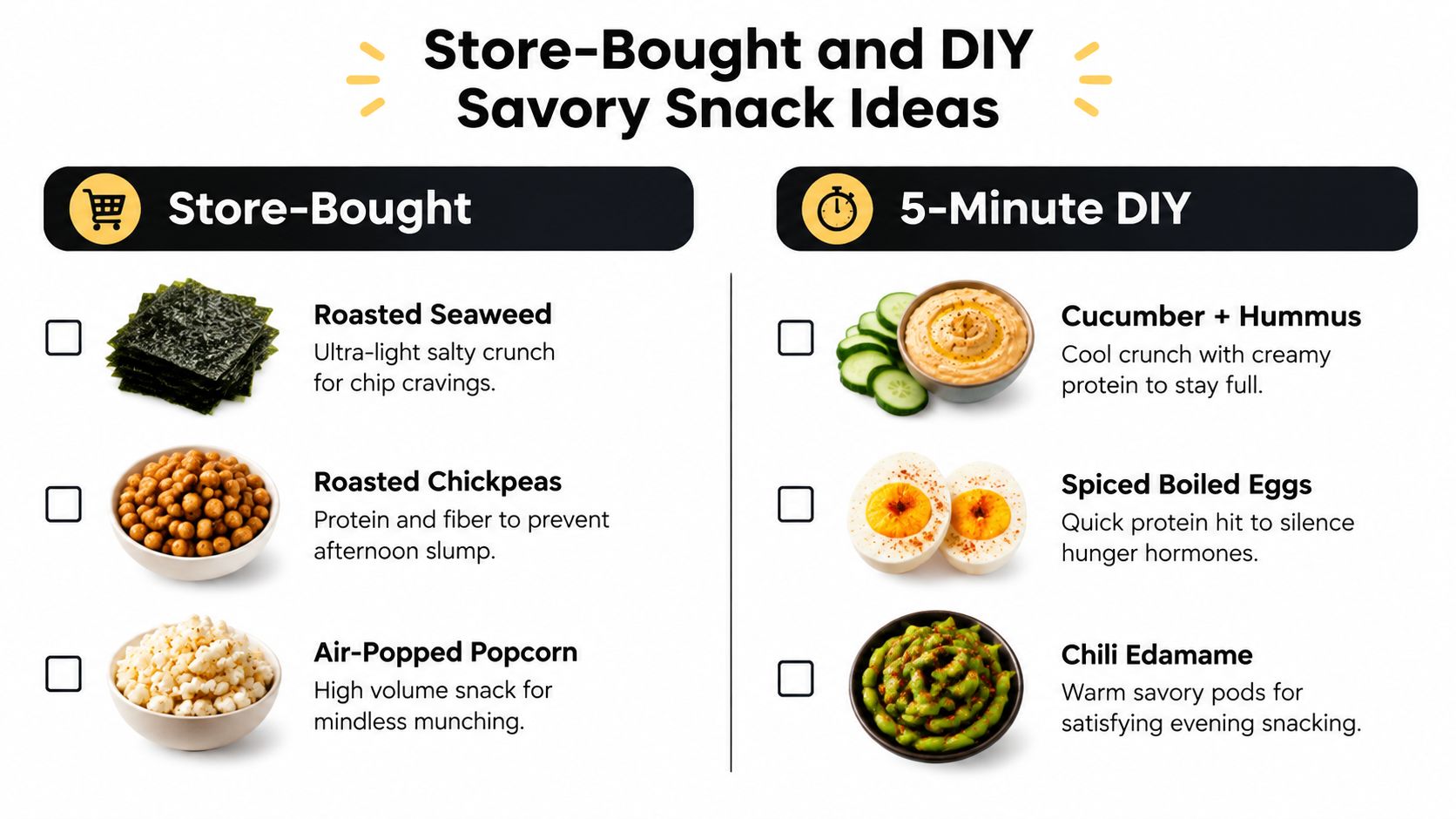 A snack idea list comparing store-bought options like seaweed and popcorn with quick DIY snacks like cucumber hummus.