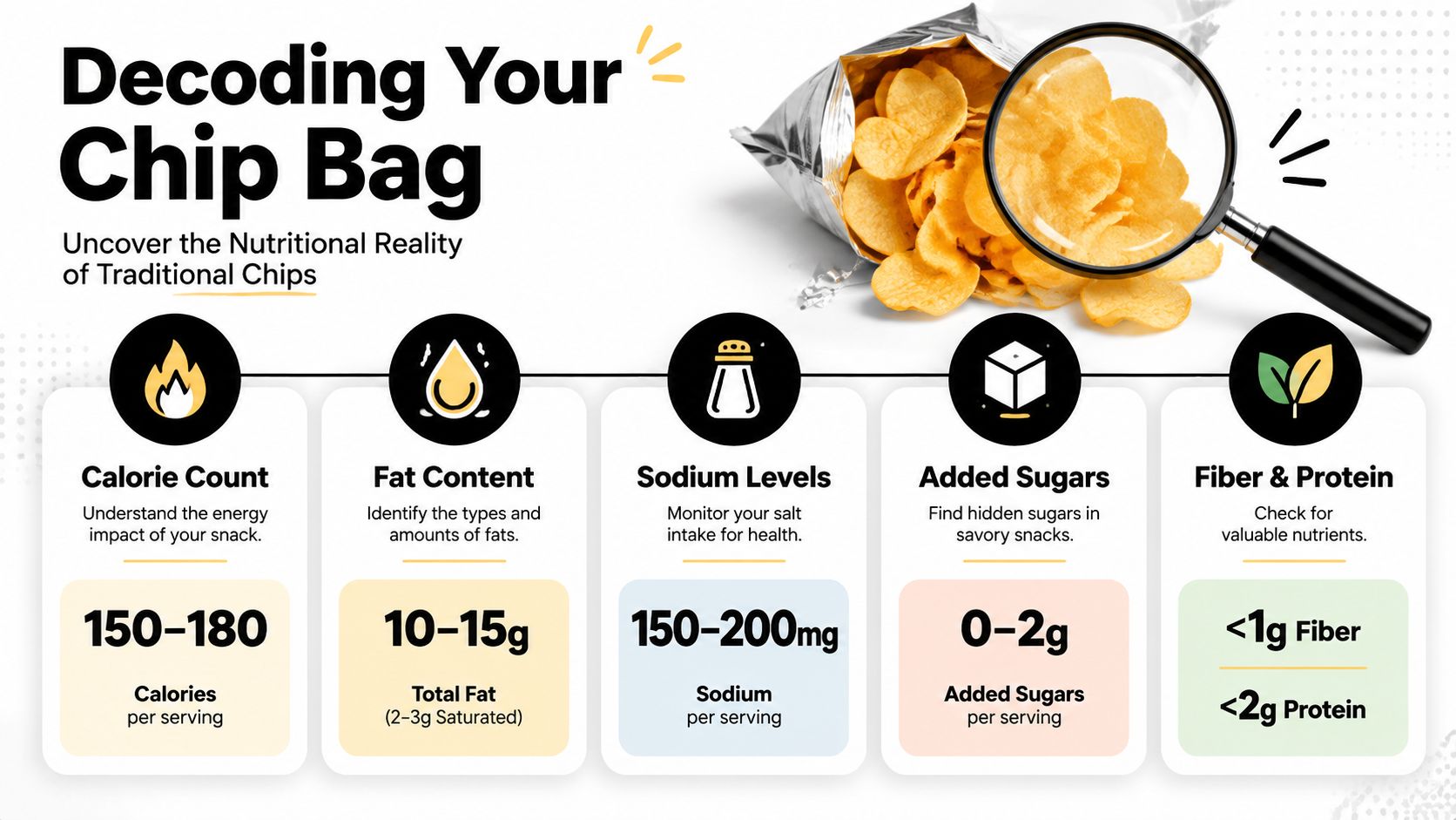 An infographic detailing the nutritional facts of a bag of traditional potato chips per serving.