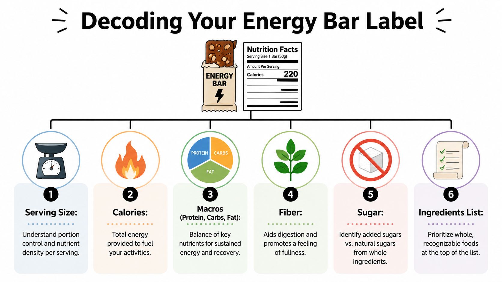 An infographic titled Decoding Your Energy Bar Label explaining six key factors for evaluating nutrition labels.