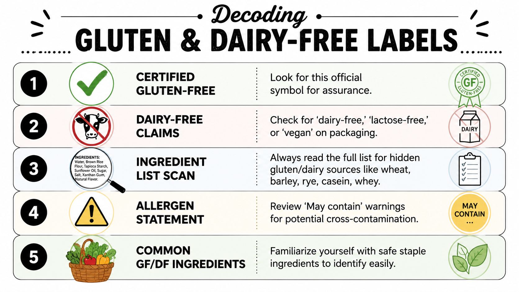 An educational infographic with five steps on how to decode gluten-free and dairy-free food product labels.