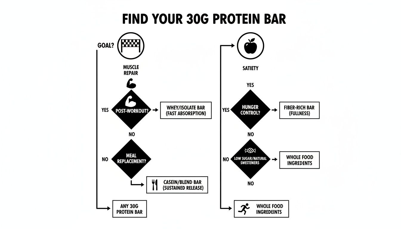 A flowchart guiding users to find the ideal 30g protein bar based on muscle repair or satiety goals.