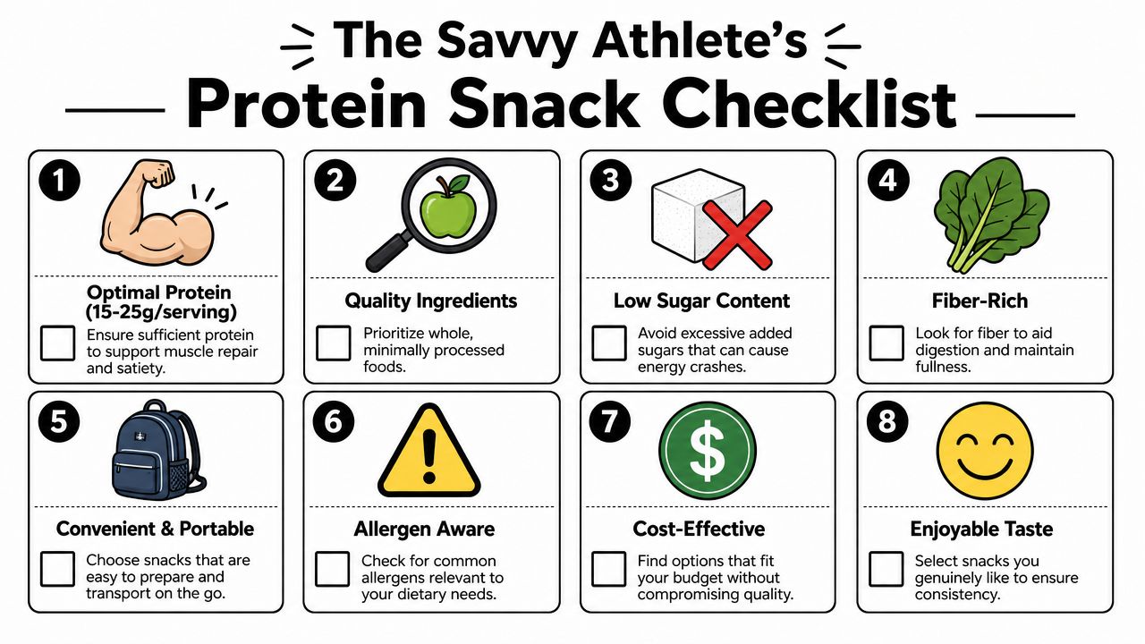 An infographic checklist for athletes outlining eight essential criteria for choosing healthy and effective protein snacks.