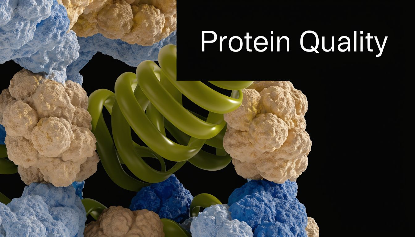 A 3D visualization showing protein structures and molecular helices labeled with the text Protein Quality.