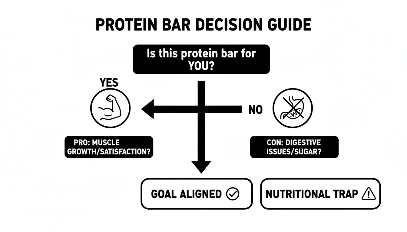 A protein bar decision guide flowchart asking if a bar is for you, leading to goal-aligned or nutritional trap.