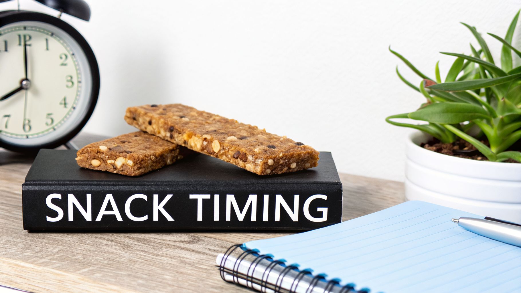 Two granola bars sit on a book labeled 'SNACK TIMING' next to an alarm clock, notebook, and plant.