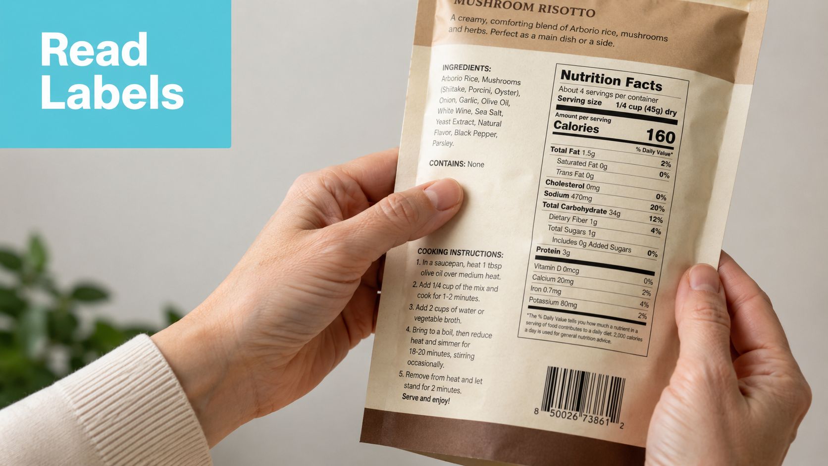 Hands holding a food packaging label for mushroom risotto, showing ingredients and nutritional information clearly.