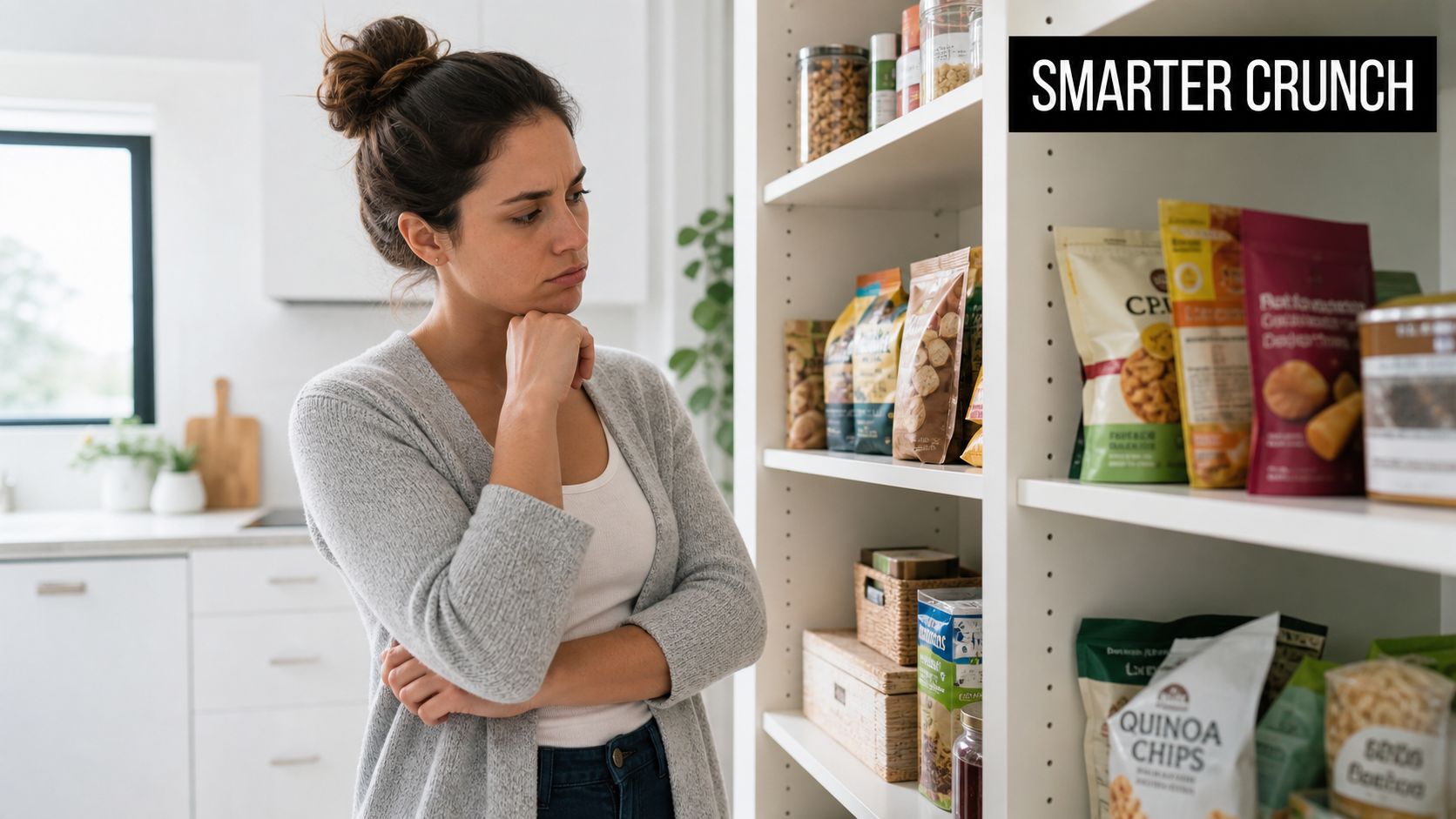 A thoughtful woman choosing healthy plant-based snacks from her organized white kitchen pantry shelf.