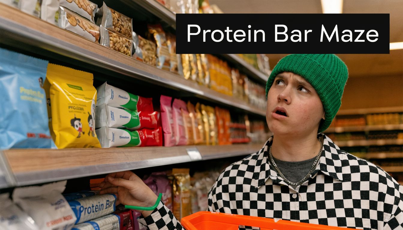 A young person in a green beanie and checkered shirt shopping for protein bars in a store.