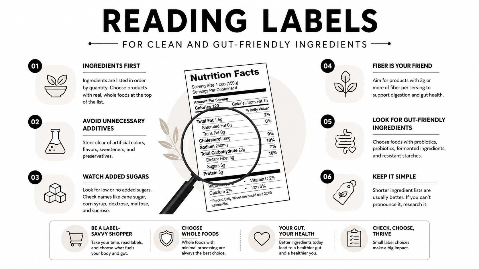 An infographic titled Reading Labels providing six tips for choosing clean and gut-friendly food ingredient products.