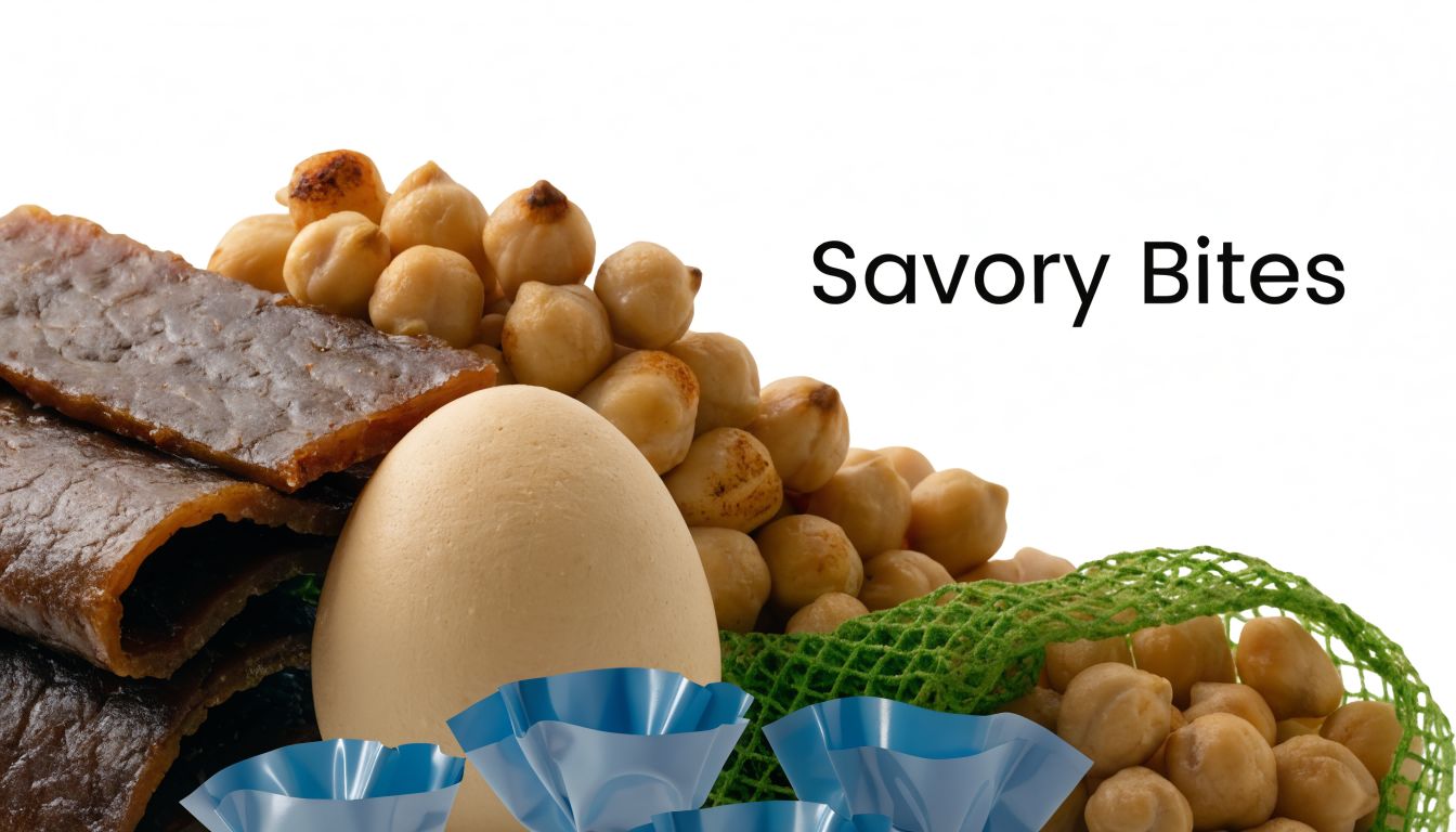 A selection of high protein snacks including jerky, a hard-boiled egg, and chickpeas in a net bag.