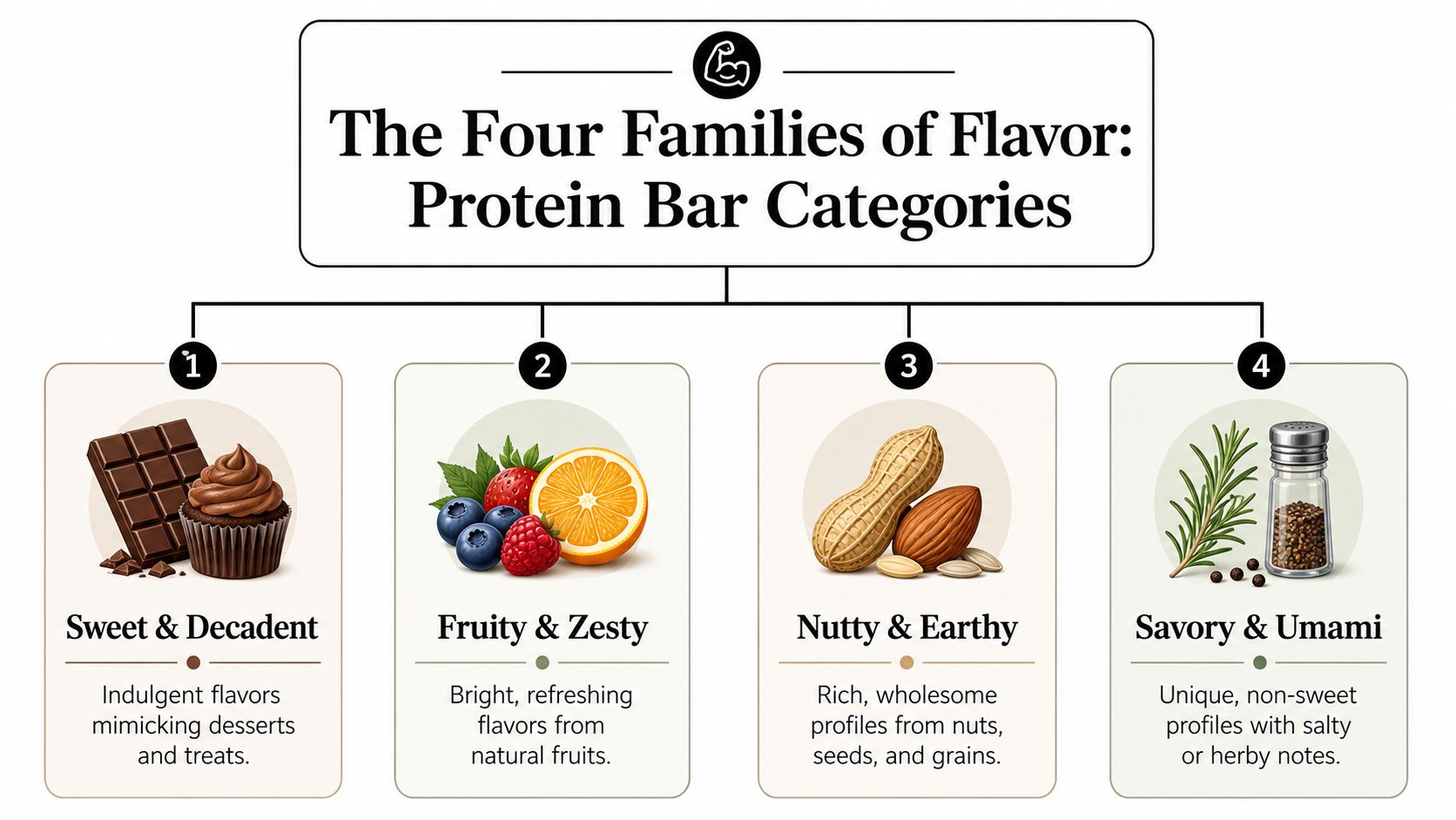 A chart categorizing protein bars into four flavor families: Sweet & Decadent, Fruity & Zesty, Nutty & Earthy, and Savory & Umami.