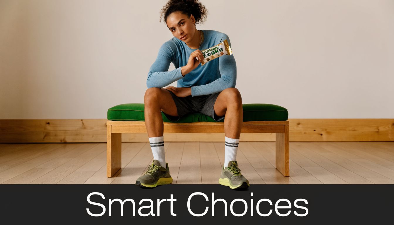 A person sitting on a wooden bench holding a birthday cake protein bar while wearing athletic gear.