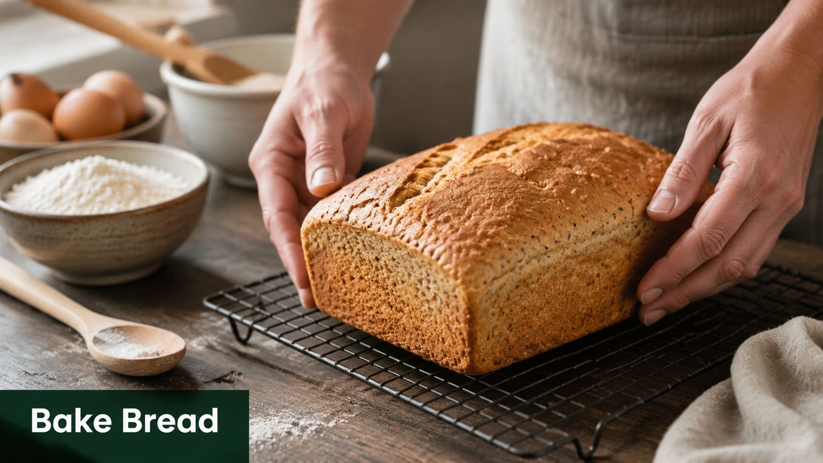 A person placing a fresh loaf of homemade gluten free protein bread onto a cooling wire rack.