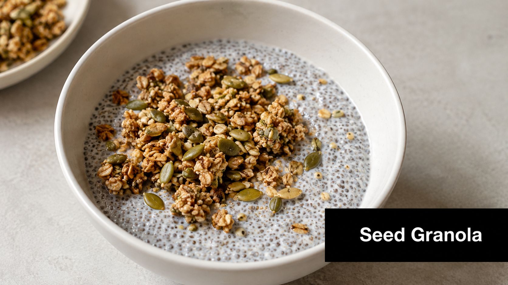 A creamy bowl of chia pudding topped with a crunchy nut and seed granola cluster blend.