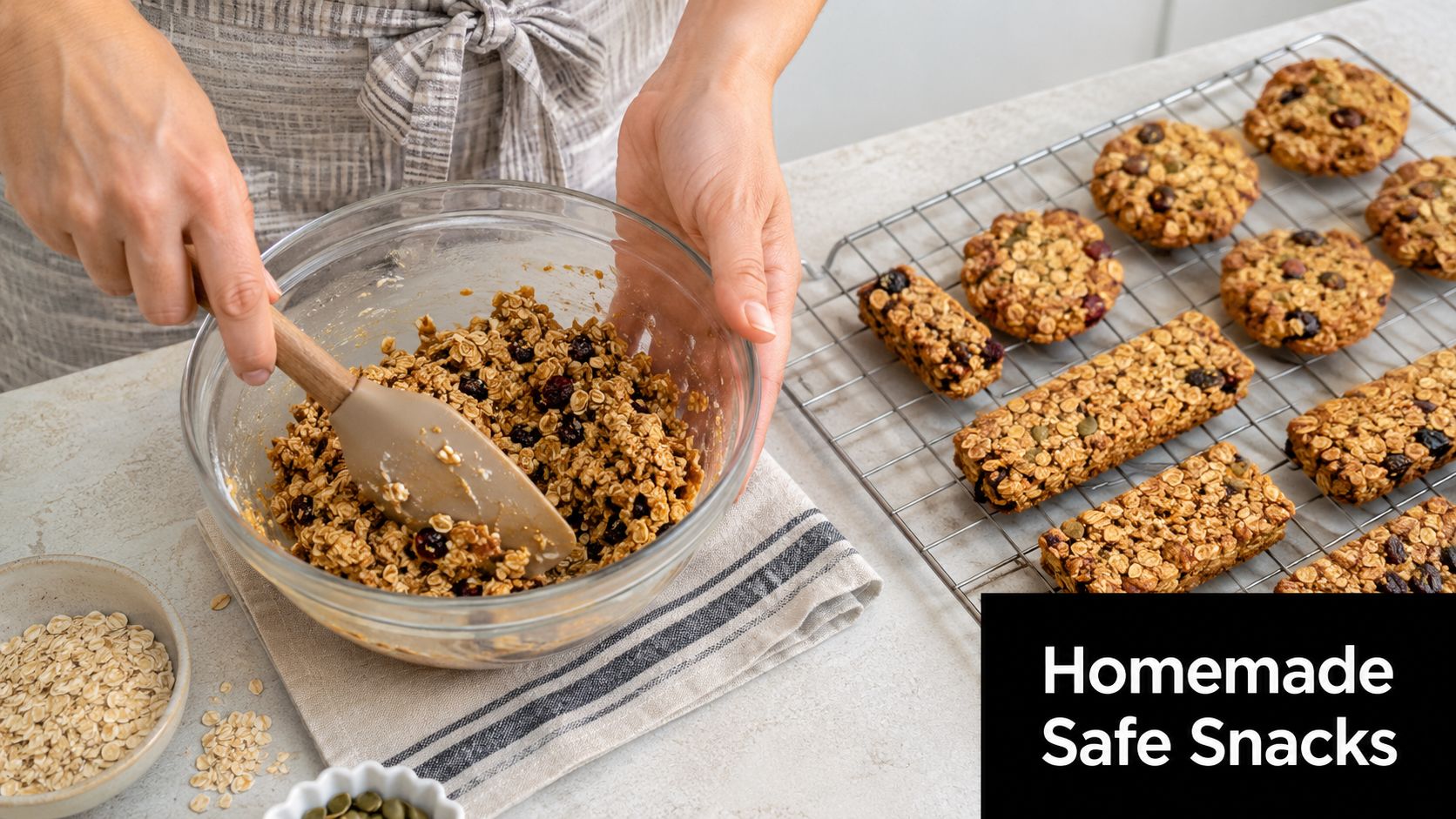 A person preparing homemade gluten-free and nut-free granola bars in a clear mixing bowl on a kitchen counter.