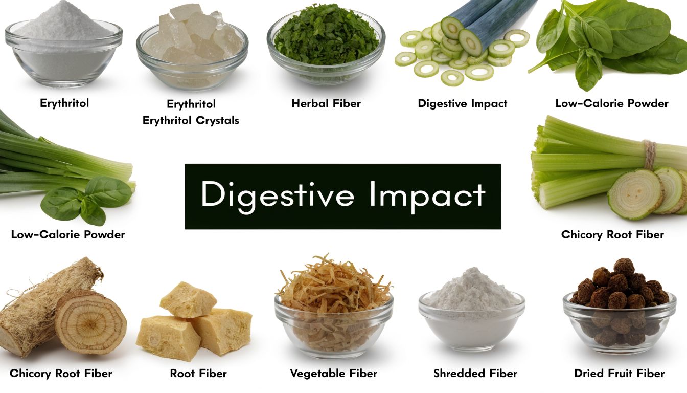 A collection of various natural fiber ingredients and sugar substitutes arranged on a white background.