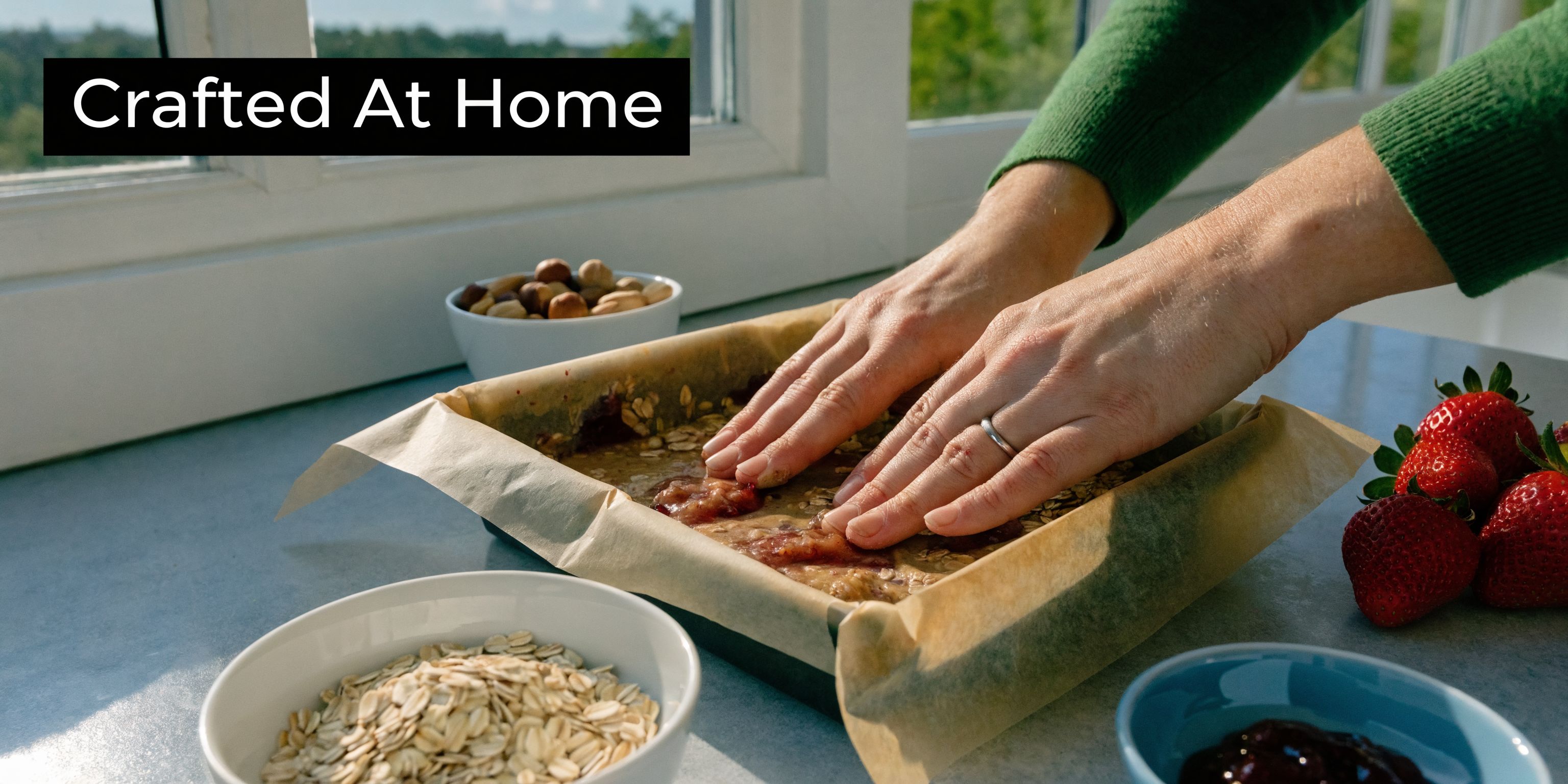 A person pressing a mixture into a lined baking pan to prepare healthy PB&J protein bars.