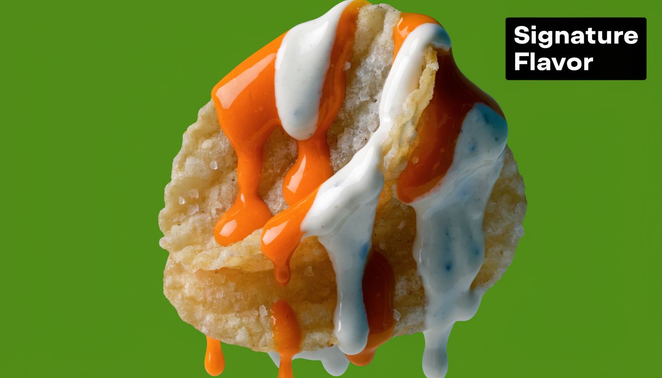 A close-up shot of a potato chip drizzled with bright orange buffalo sauce and creamy ranch dressing.