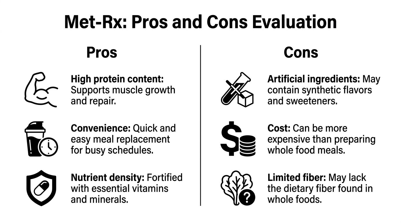 A comparison chart outlining the pros and cons of Met-Rx nutritional meal replacement products.