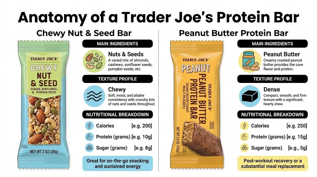 A comparative infographic displaying the nutritional content and ingredients of Trader Joe's Nut and Peanut Butter protein bars.