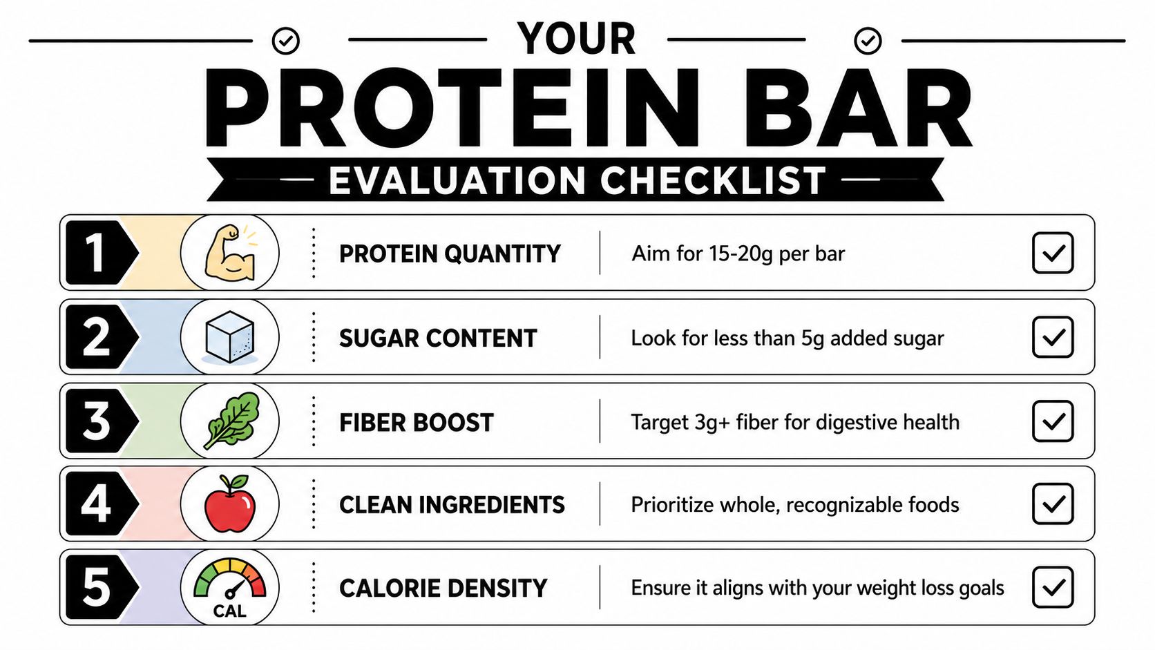 A checklist evaluating protein bars based on protein, sugar, fiber, ingredients, and calorie density for healthier choices.