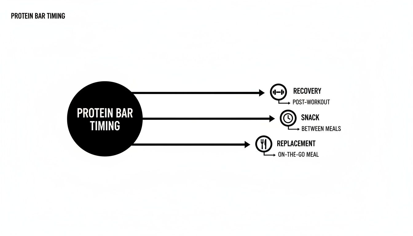 Infographic illustrating protein bar timing for recovery, snacks, and meal replacement options.