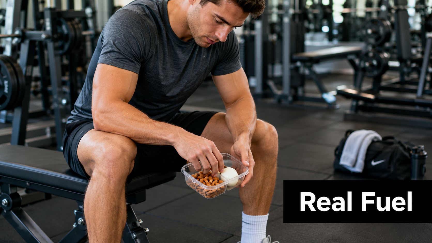 A fit man sitting on a weight bench in a gym eating almonds and hard-boiled eggs.