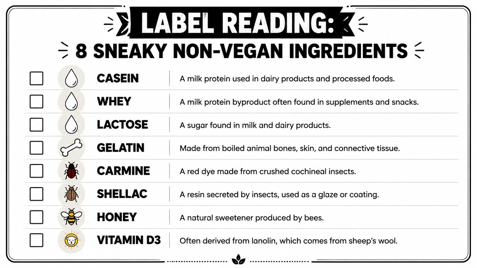 A list of eight common non-vegan food ingredients to watch for when reading product labels.