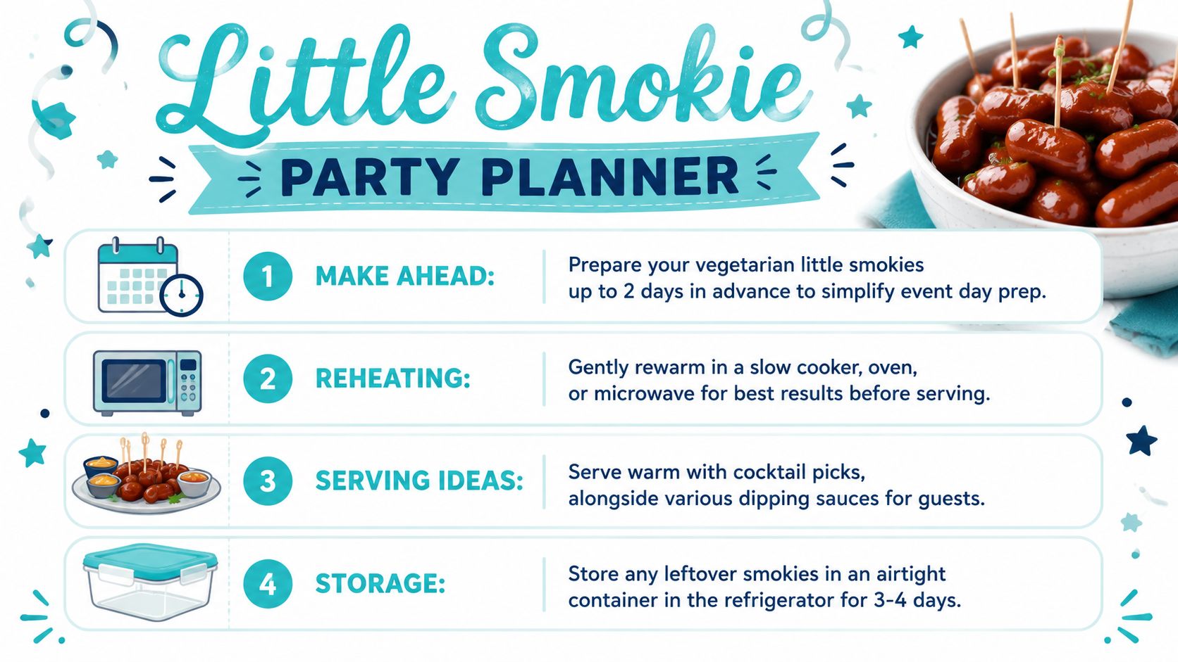 A party planner infographic for vegetarian little smokies with steps for preparing, reheating, serving, and storage.