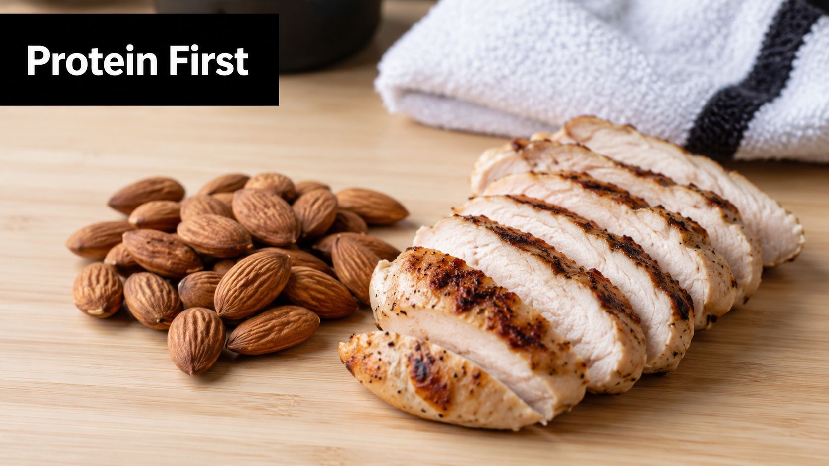 A wooden cutting board with sliced grilled chicken breast and a pile of raw almonds.