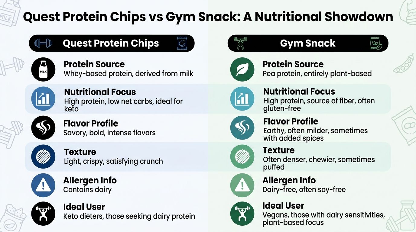 A comparison chart showing the nutritional differences between Quest protein chips and plant-based gym snack options.