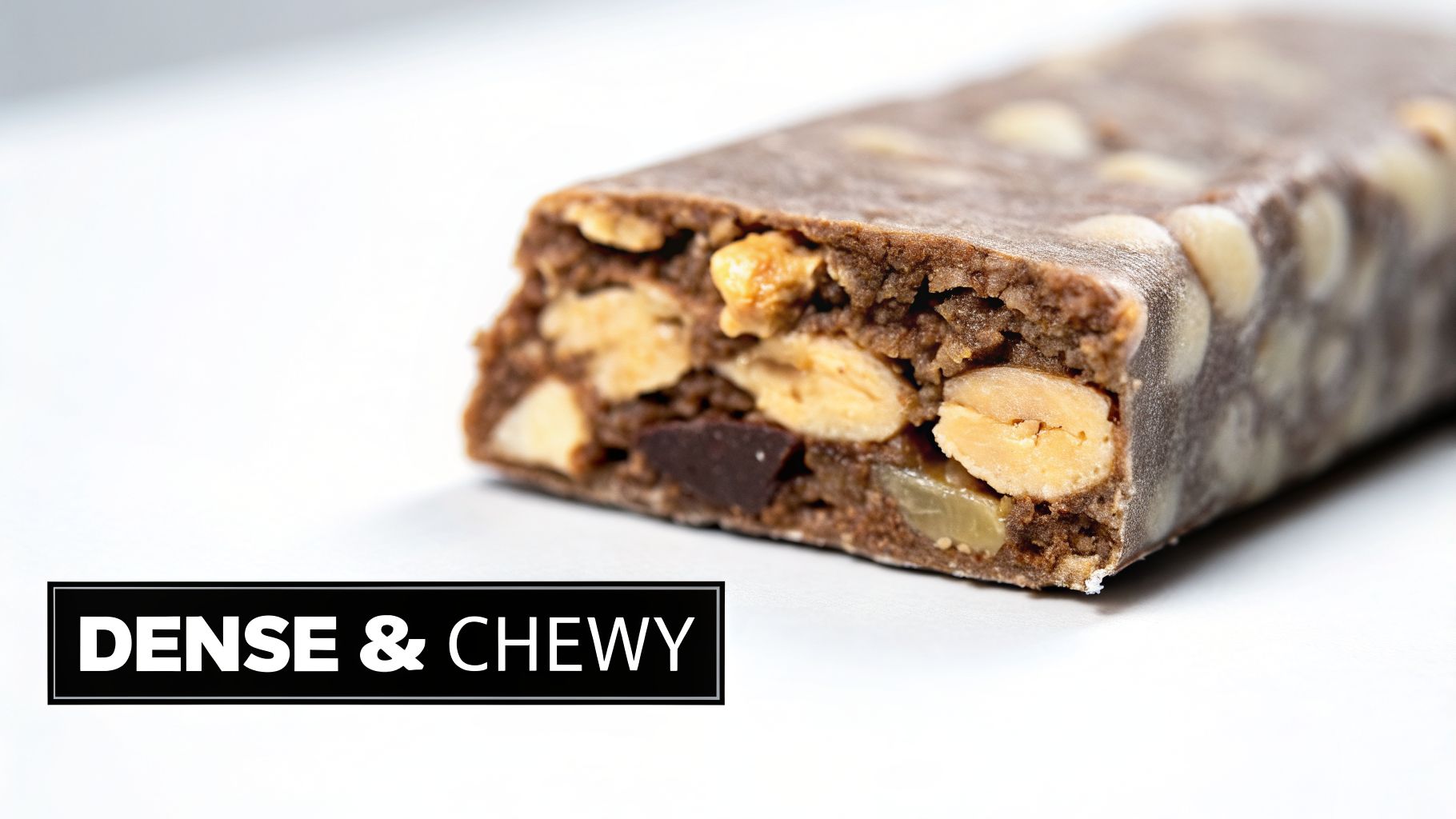 A close-up of a dense and chewy brown protein bar filled with nuts and chocolate chips.