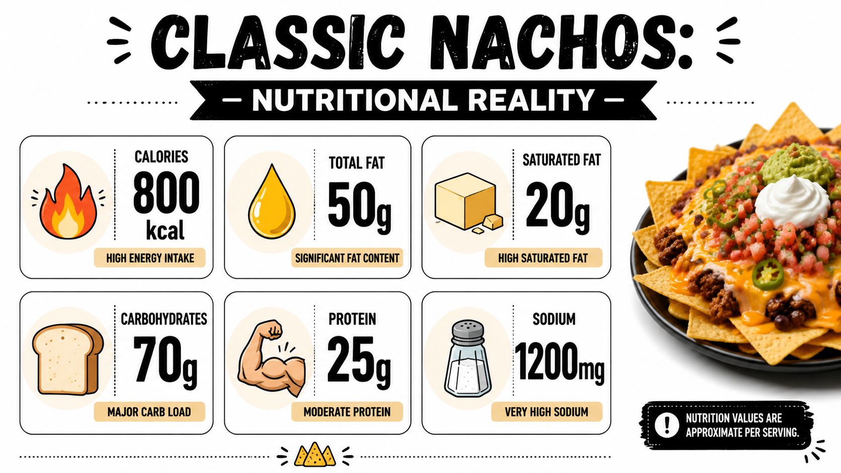 A nutritional breakdown infographic for classic nachos showing calories, fat, protein, carbohydrates, and sodium content.