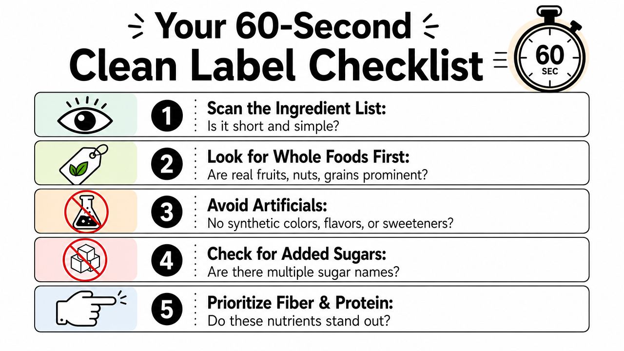 A checklist infographic titled Your 60-Second Clean Label Checklist, featuring five steps for evaluating healthy food labels.
