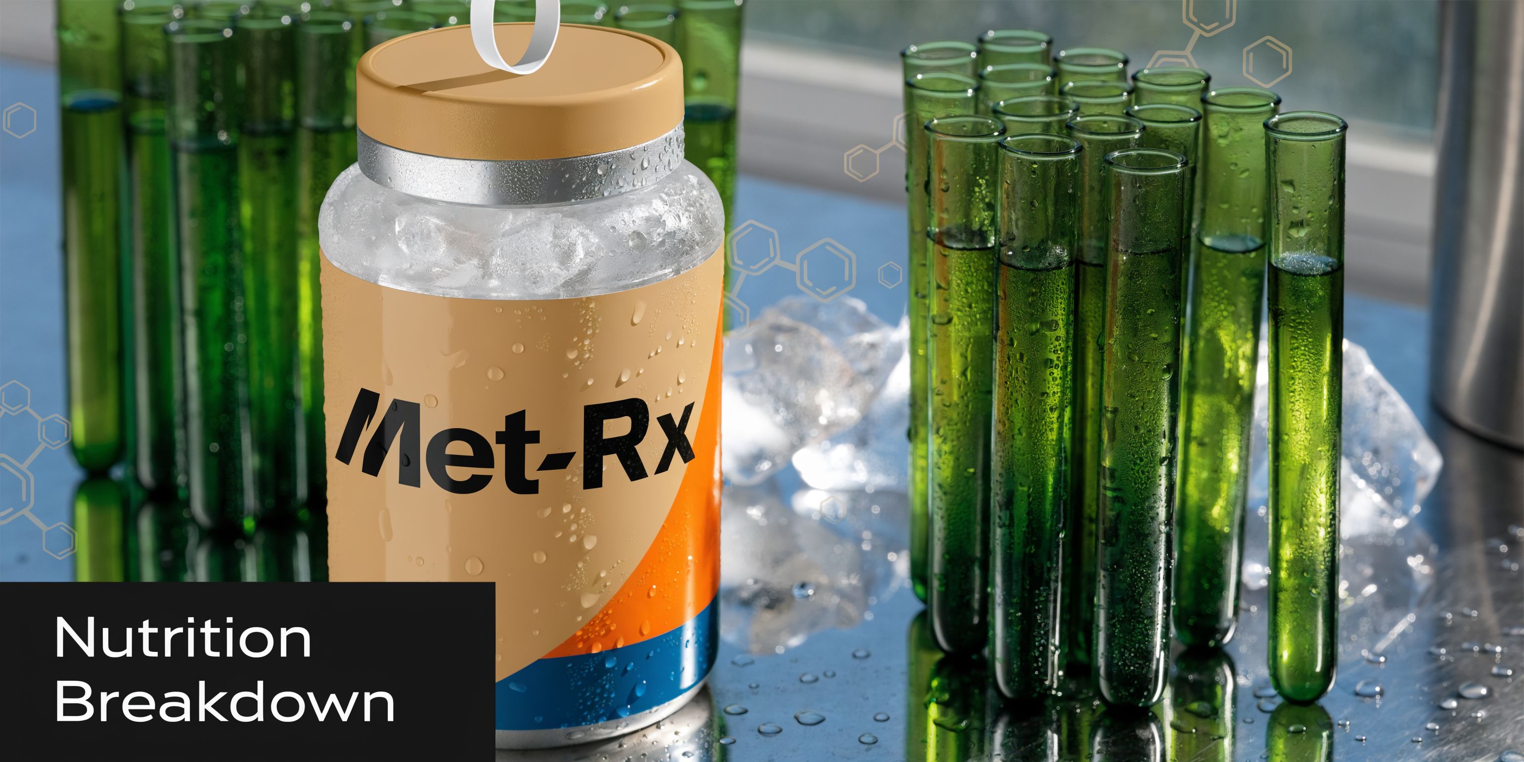A Met-Rx branded supplement container surrounded by test tubes filled with green liquid in a laboratory setting.