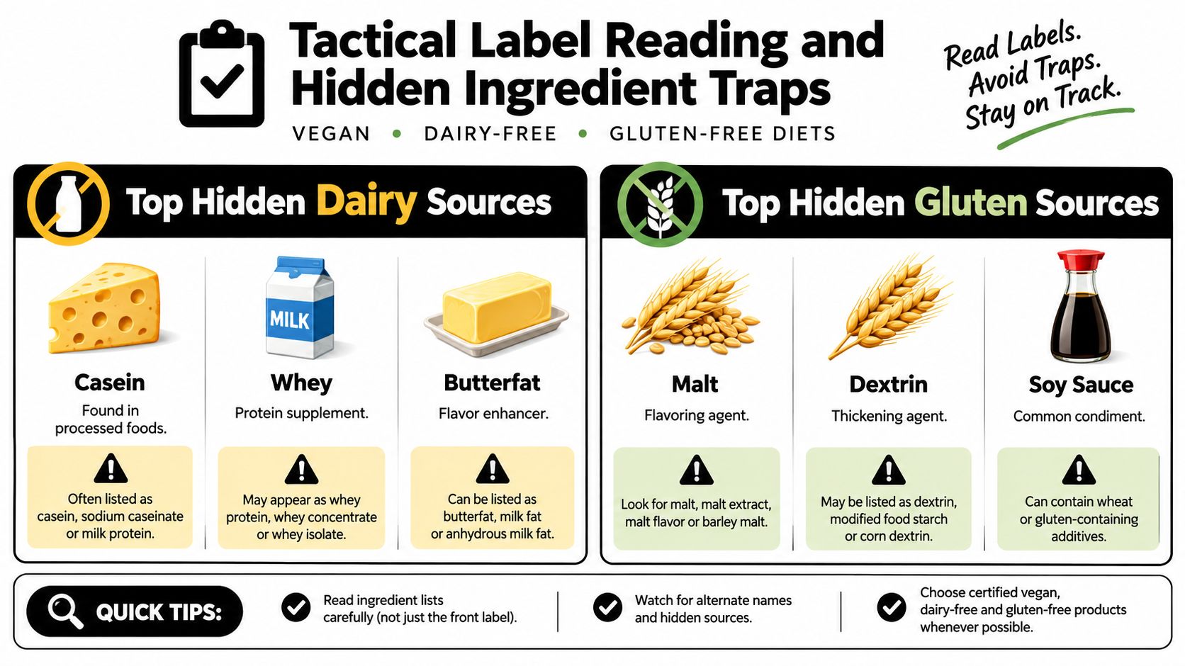 An infographic showing hidden dairy and gluten ingredients to avoid for vegan, dairy-free, and gluten-free diets.