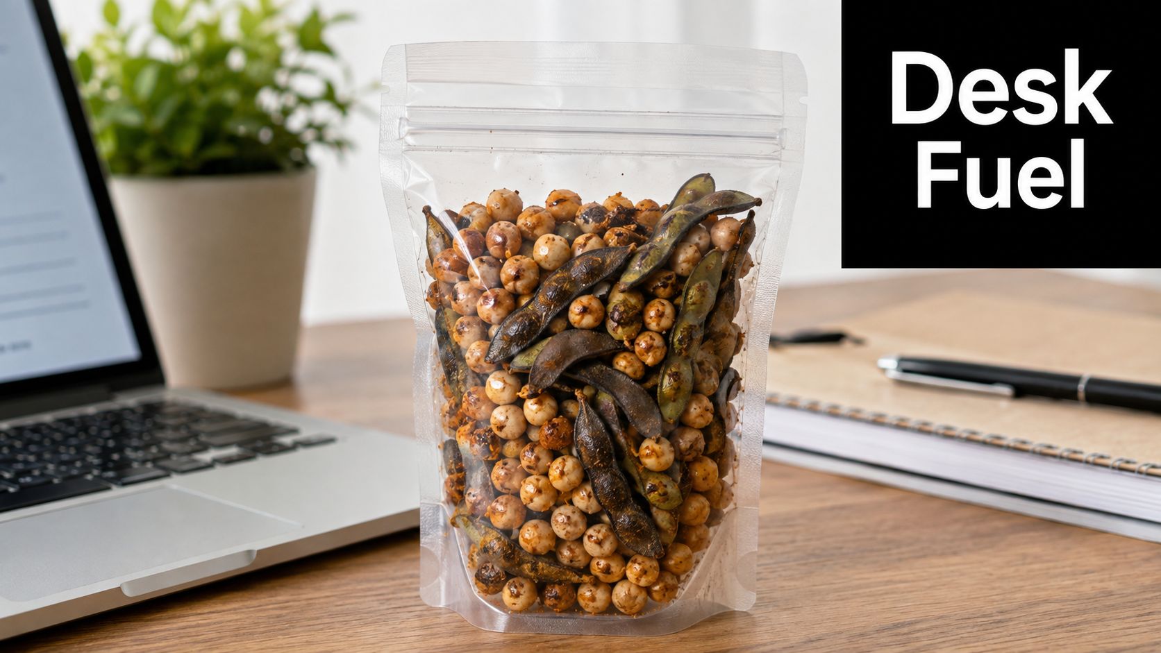A clear pouch filled with protein-packed roasted chickpeas and edamame sits on a desk next to a laptop.