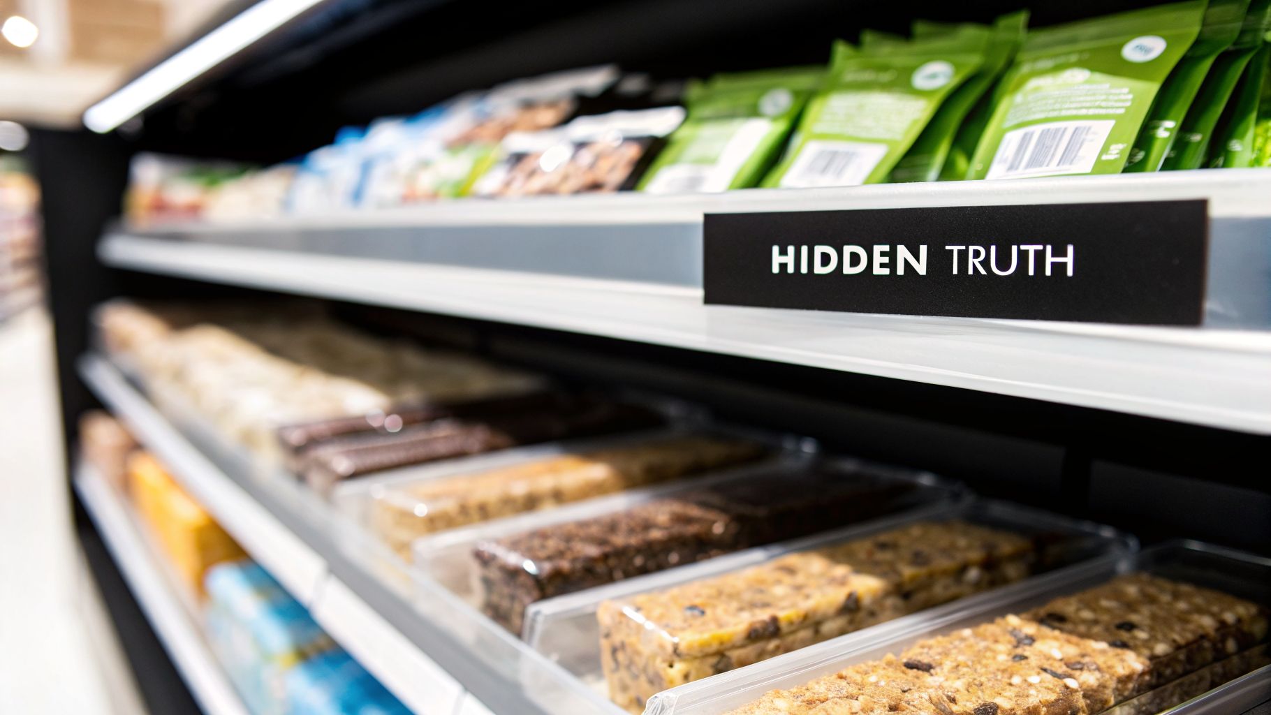 A store shelf displaying various individually wrapped nutrition bars and packaged green items.