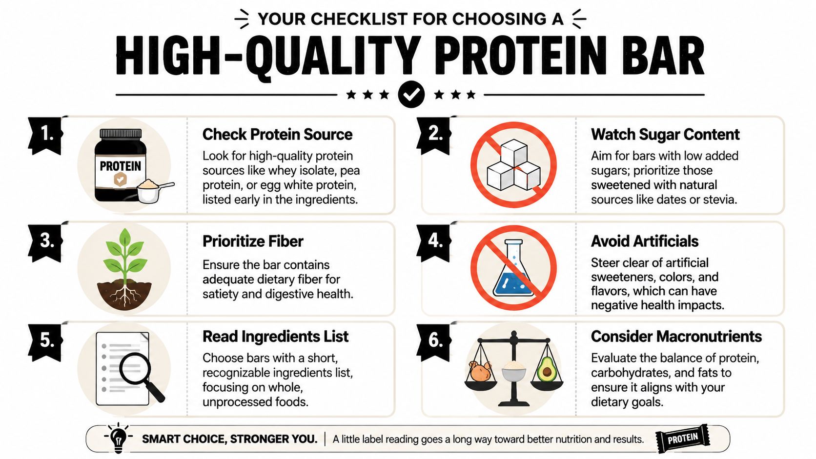 A helpful infographic checklist for choosing a high-quality protein bar based on ingredients and nutritional value.