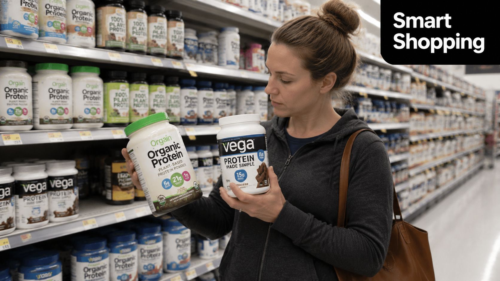 A woman comparing two containers of plant-based protein powder while shopping in a supermarket aisle.