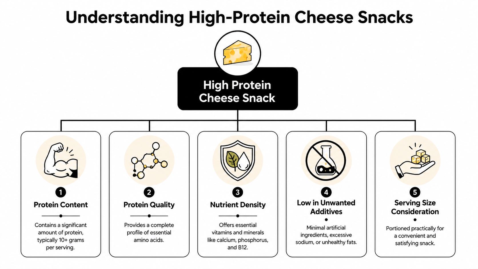 An infographic titled Understanding High-Protein Cheese Snacks, showing five key nutritional criteria for choosing healthy cheese options.