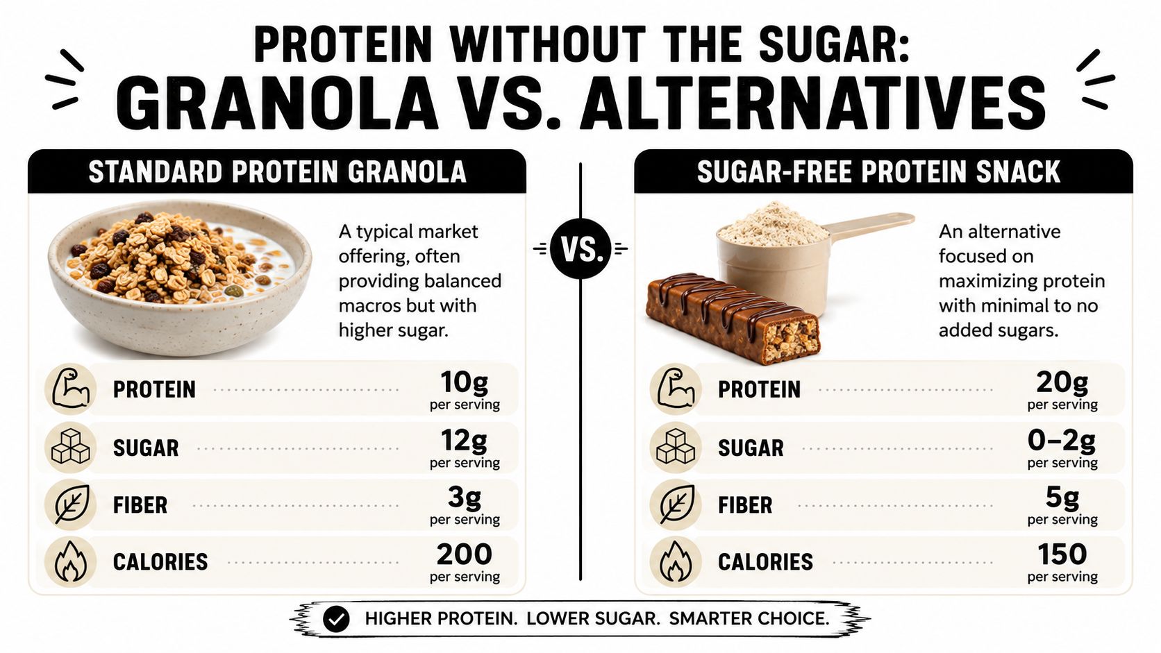 A comparison graphic between standard protein granola and a low-sugar protein snack, highlighting nutritional differences.