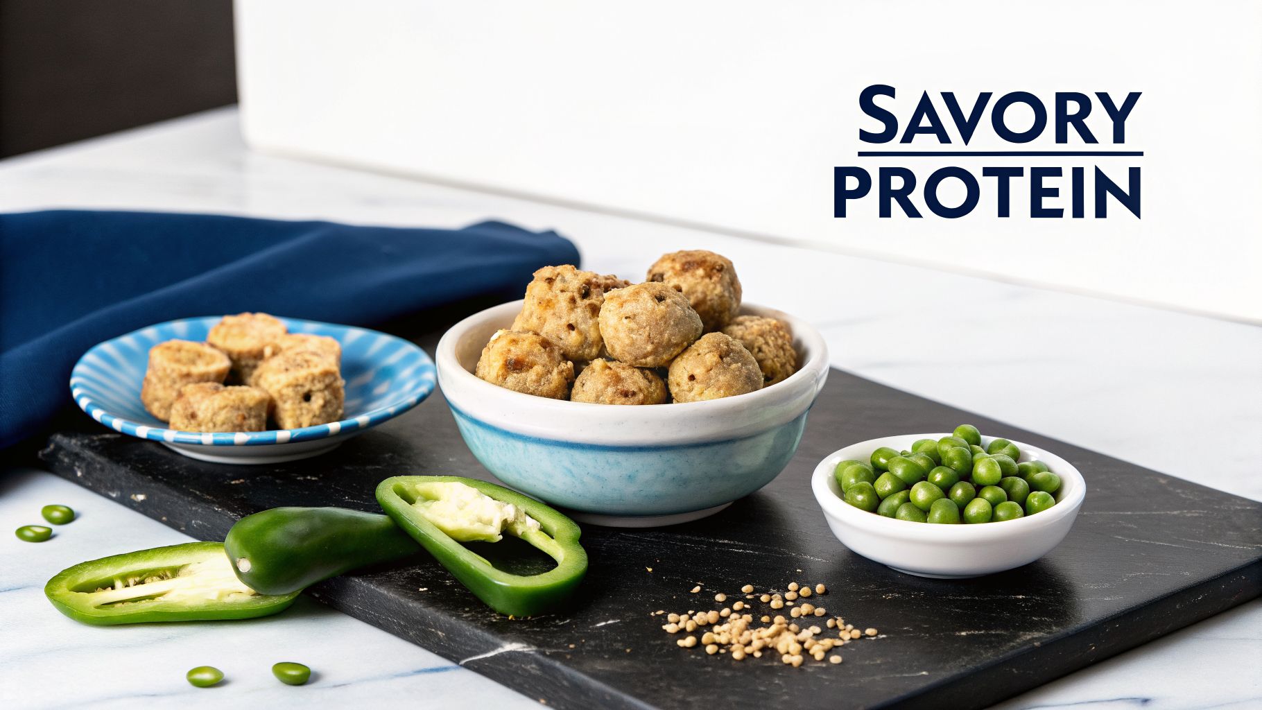 Bowls of savory protein bites and green peas with sliced jalapeño on a dark board.