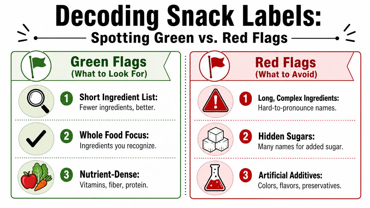 An infographic titled Decoding Snack Labels comparing green flags and red flags for healthy food choices.