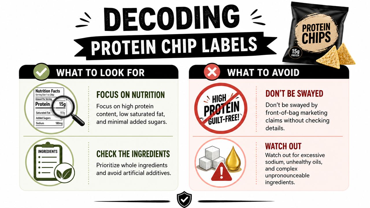 An infographic titled Decoding Protein Chip Labels providing tips on what to look for and avoid.