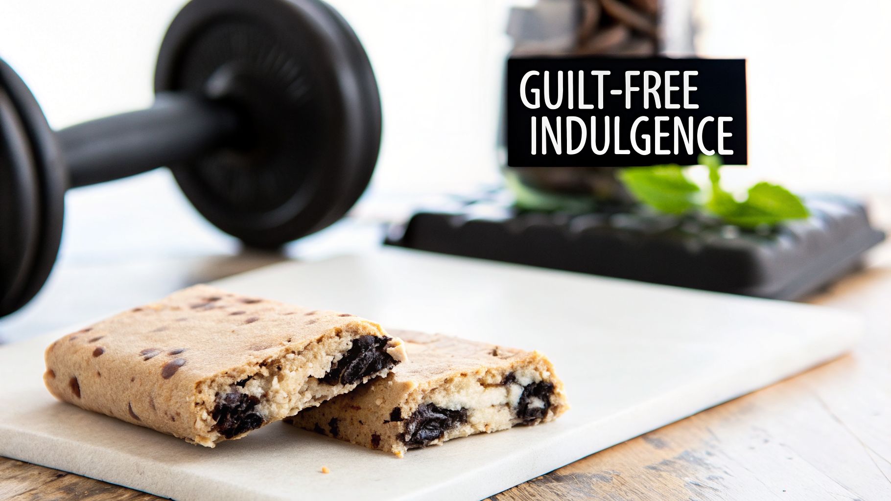 A broken cookies and cream protein bar on a white surface with a dumbbell and 'Guilt-Free Indulgence' sign.